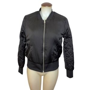 Black Satin Bomber Jacket With Quilted Sleeves